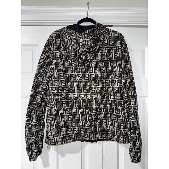 Fendi Green Black Camo Monogram FF Logo Anorak Reversible Windbreaker Jacket 48 - Picture 8 of 13